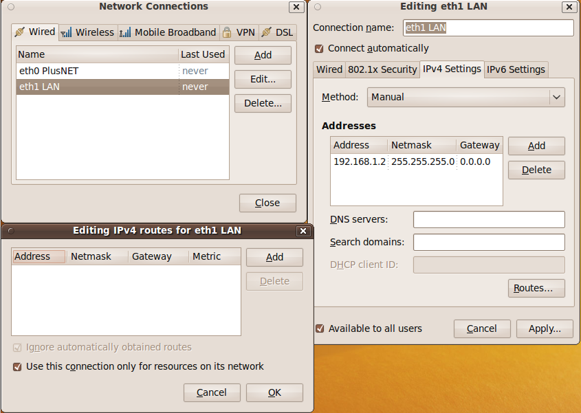 GNOME Network Manager settings for eth1 (LAN)