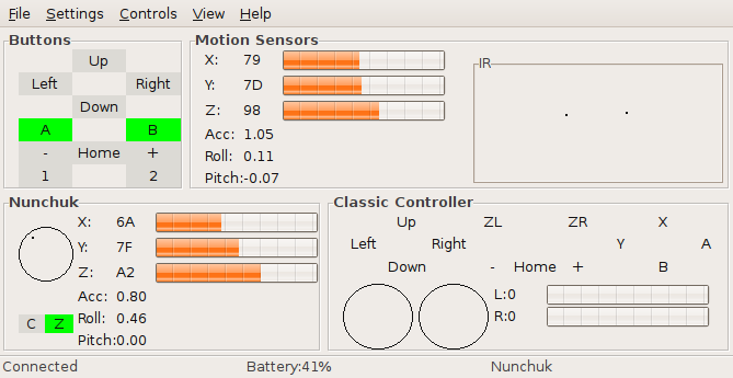 Screenshot of wmgui running with a Wiimote connected